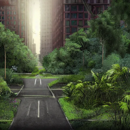 Prompt: photorealistic nonexistant city with decrepit highrises overgrown with plants