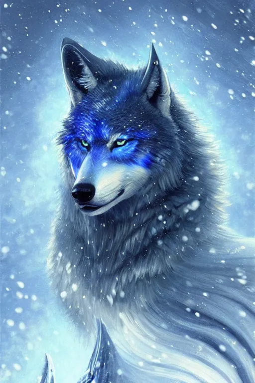 Image similar to blue wolf with wings, facing front, regal, elegant, winter, snow, beautiful, stunning, hd, illustration, epic, d & d, fantasy, intricate, elegant, highly detailed, digital painting, artstation, concept art, smooth, sharp focus, illustration, wallpaper, art by artgerm and greg rutkowski and alphonse mucha and jin xiaodi