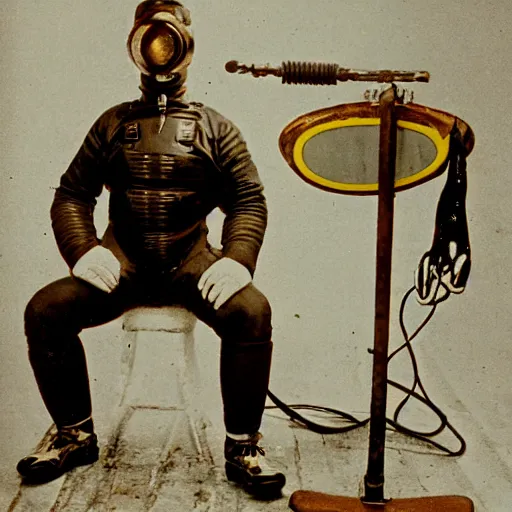 Prompt: photo of a diver wearing an old diving suit posing with an electric guitar electric guitar electric guitar electric guitar. detailed. old diving suit photos. colorized. rockstar