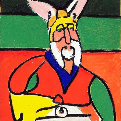 Prompt: simon whitlock riding a kangaroo, as painted by matisse