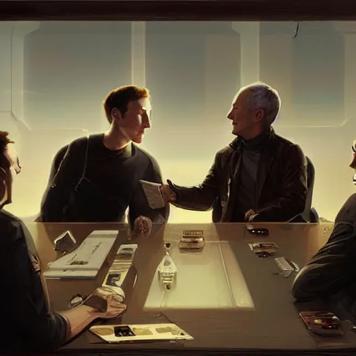 Prompt: illustration of a meeting between elon musk, mark zuckerberg, jeff bezos, very detailled, by artgem, greg rutkowski