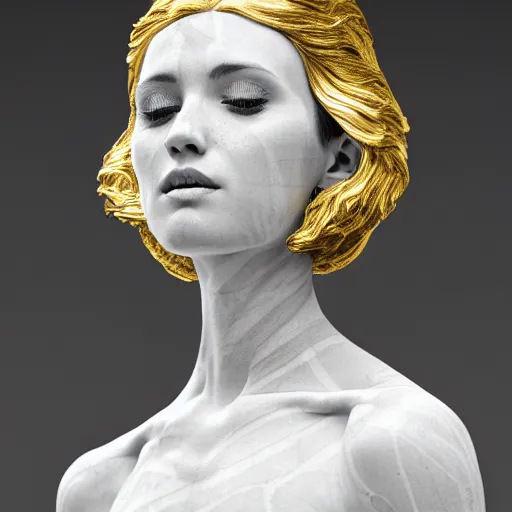 Image similar to a full body statue made of white marble with gold veins, of an beautiful gorgeous angel girl, perfect symmetrical body, perfect symmetrical face, no eyes, hyper realistic, hyper detailed, fujicolor superia 1 6 0 0 photo, by peter kemp, by monia merlo, by michelangelo octane render, blender, 8 k