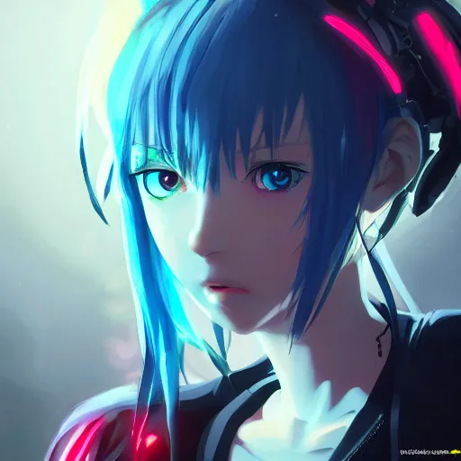 Image similar to anime cyberpunk movie still animatrix, small female android cyborg - angel, glowing red left eye and glowing blue right eye, cinematic lighting, advanced digital cyberpunk art, wlop, rossdraws sakimimichan, ilya kuvshinov, krenz cushart, greg rutkowski - c 1 5