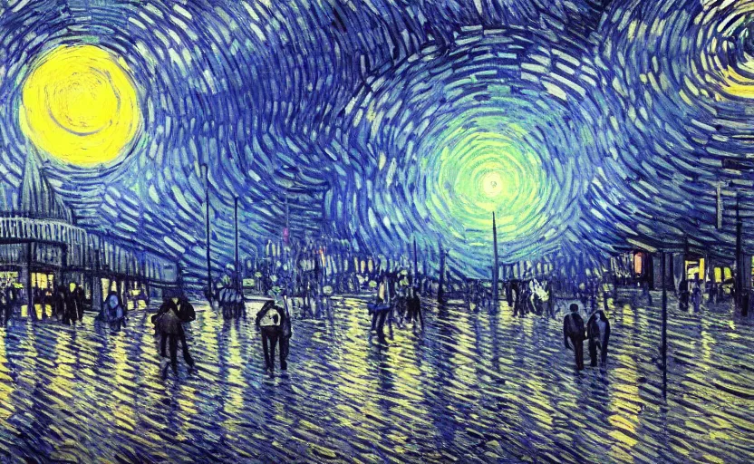 Image similar to people with posters attacking cops, a huge blue spiral - shaped white luminous attractor is floating on the horizon near the sun, stores in los angeles with light screens all over the street, concept art, art for the game, professional lighting, dark night lighting from streetlights, by van gogh