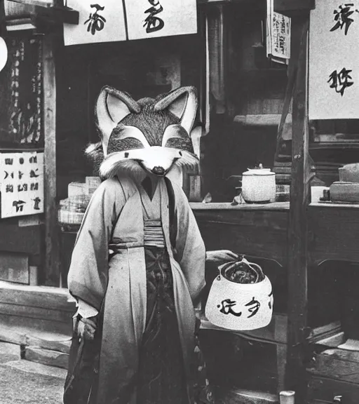 Image similar to 1 8 th century japanese street market in kyoto 1 9 0 0 s photography photo portrait anthro anthropomorphic fox head animal person fursona wearing clothes street trader