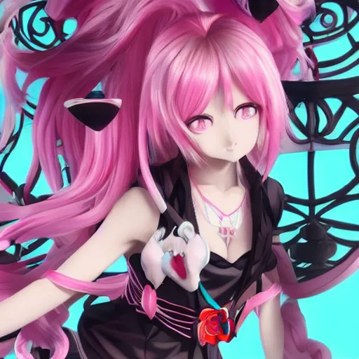 Image similar to trapped beneath stunningly absurdly beautiful omnipotent asi goddess junko enoshima with an enigmatic complex twisted innocenty looking deceptive mesmerizing megalomaniacal yandere personality, symmetrical perfect face, porcelain skin, pink twintail hair and cyan eyes, ultra detailed, digital art, unreal engine 5, octane render, 2 d anime, 8 k