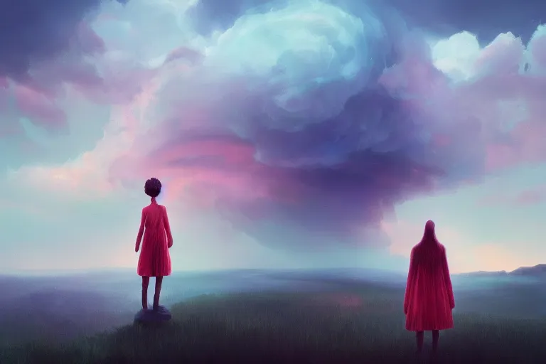 Image similar to closeup giant dahlia flower as head, girl standing on mountain, surreal photography, blue storm clouds, dramatic light, impressionist painting, digital painting, artstation, simon stalenhag