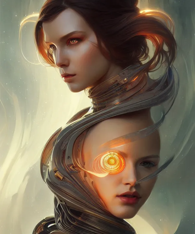 Image similar to futuristic woman portrait, sci-fi, amber eyes, face, long hair, fantasy, intricate, elegant, highly detailed, digital painting, artstation, concept art, smooth, sharp focus, illustration, art by artgerm and greg rutkowski and alphonse mucha