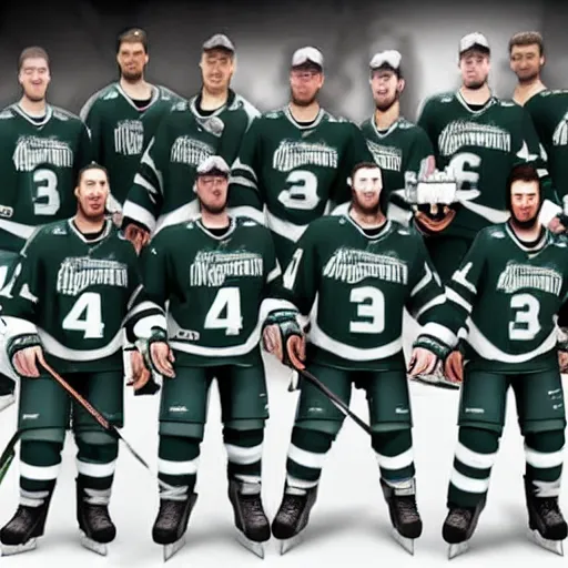 Prompt: Michigan state ice hockey wins national championship in NHL 22 video game, team picture, rendered in unreal engine