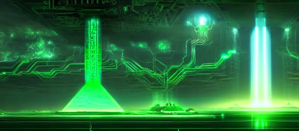 Image similar to the ethereal god of technology bestows the gift of green circuits to humanity. immaculate matte painting. fantastic. velvet and emerald. high key studio lighting. fractal dreams. ancient egypt, trending on artstation, cgsociety, ps 5, uhd 8 k cryengine