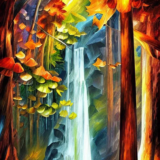 Image similar to overgrowth waterfall mushroom rich 8 k geometric by antoni gaudi, android jones, leonid afremov