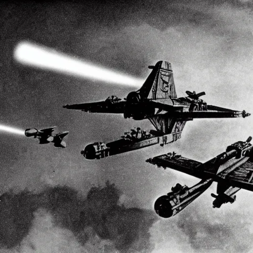 Image similar to an old ww2 photograph of star wars TIE fighters, AT-AT, WW2 planes fighting