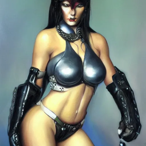 Prompt: Guggle my Chuggle, sexy female hero, photorealistic painting by Brom