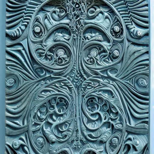 Image similar to fractals, maze, thin lines, high detail, ernst haeckel, carved soapstone relief paneling white and pale blue