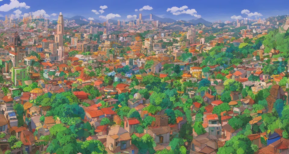 Prompt: City of Armenia Quindio, Artwork by Studio Ghibli, official media, concept art, 8k, pixiv, high definition, wallpaper, hd, digital artwork