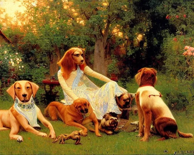 Prompt: dogs play in the backyard of a beautiful suburban home, 1 9 7 0 s sunrise painting by gaston bussiere, craig mullins, j. c. leyendecker