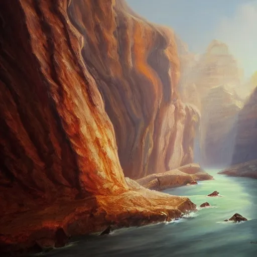 Image similar to beautiful oil painting of a canyon in between mountains, trending on artstation, high detail, realism, award winning, detailed lighting