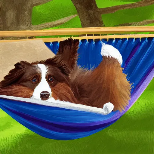 Image similar to brown border collie relaxing in a hammock drinking hot chocolate, digital painting