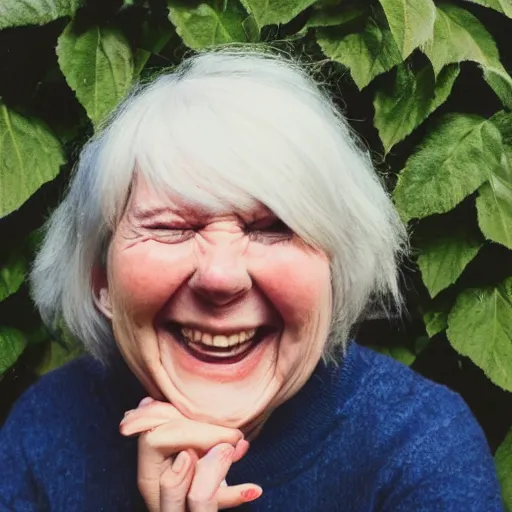 Image similar to a polaroid of a laughing woman with her hand covering her right eye taken in front of a herbaceous border