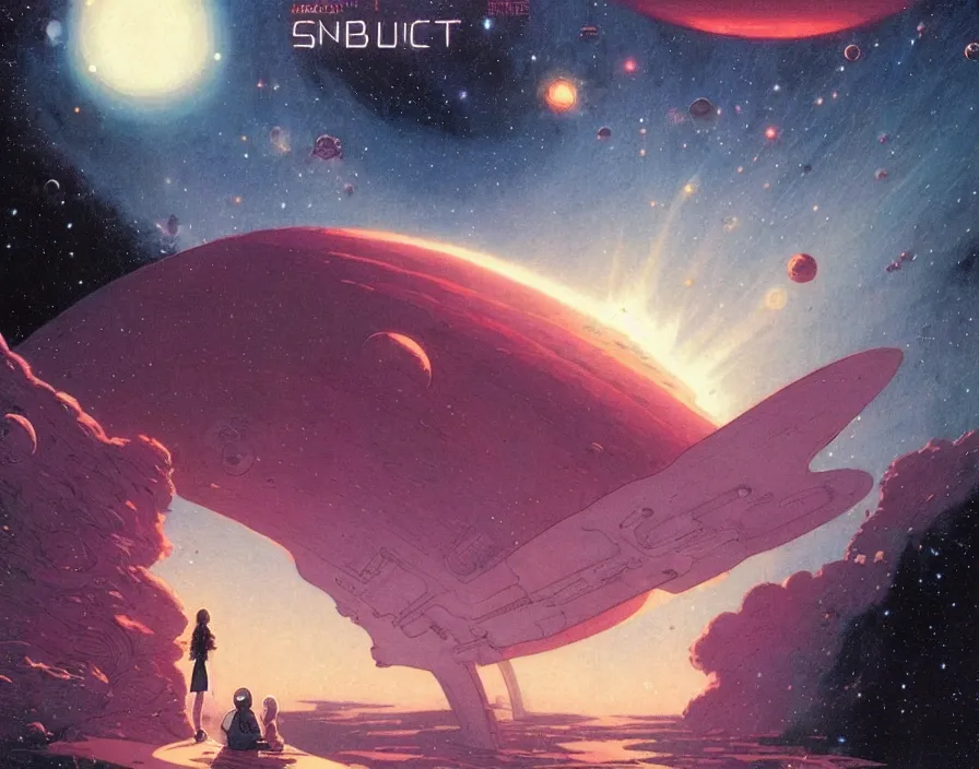 Image similar to illustrated by moebius and greg rutkowski, romantic!!! space scene!! with standing young girl!!!!, orbit of earth!, futuristic orbital station!!!!, nebulae!!, starry sky!!, rule of third!!!!, vintage cover of sci - fi magazine, cinematic!!