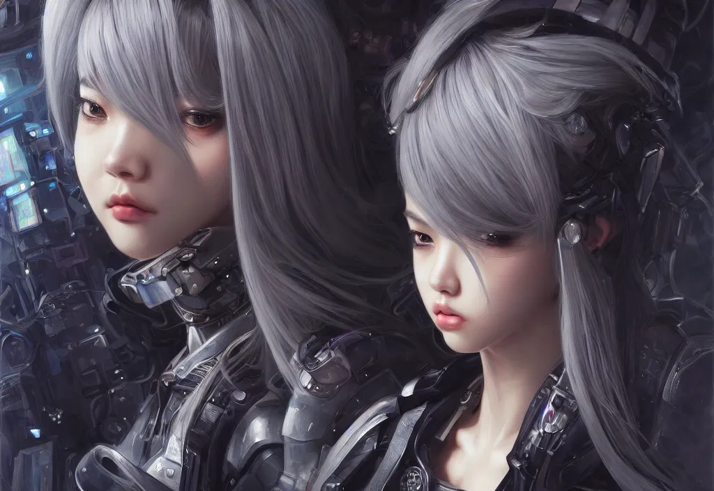 Image similar to portrait lisa blackpink + medium grey hair of futuristic police girl, black armored uniform, at futuristic cyberpunk tokyo night, ssci - fi and fantasy, intricate and very very very beautiful, highly detailed, digital painting, artstation, concept art, smooth and sharp focus, illustration, art by tian zi and wlop and alphonse mucha