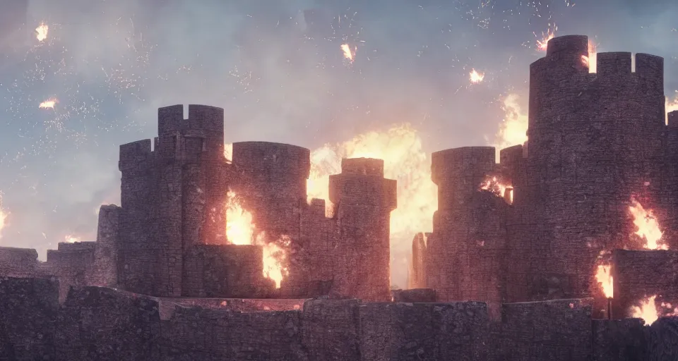 Image similar to tribuchets fireing on a medieval fortress, destroying the walls, fire and explosion, debris flying around, octane render, unreal engine