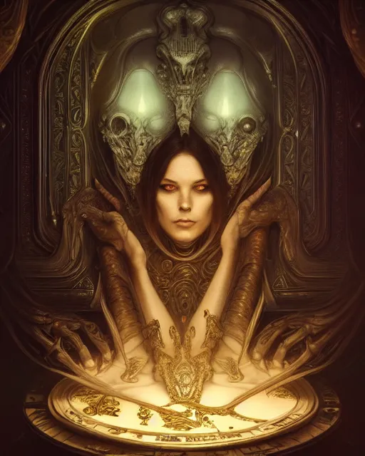 Image similar to fractal lovers by giger, golden ratio, deep focus, d & d, dark fantasy, intricate glow accents, elegant, highly detailed, digital painting, artstation, concept art, matte, sharp focus, octane render, hearthstone, art by artgerm and greg rutkowski and alphonse mucha