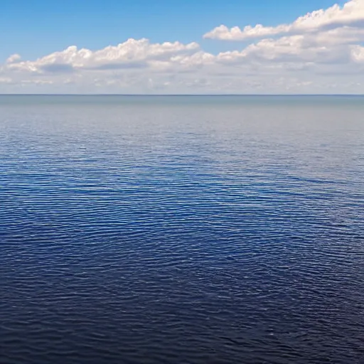 Image similar to a still plain of endless water across the horizon, with a slightly cloudy blue sky above it and reflected within it