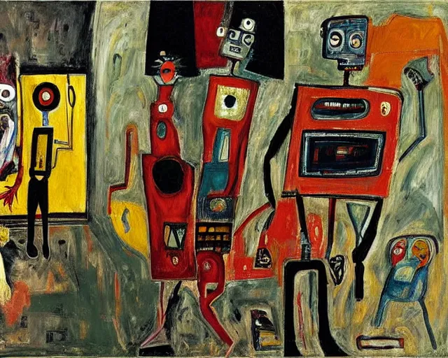 Prompt: a painting of a robot family in a living room by graham sutherland, egon schiele, basquiat, neo - expressionism