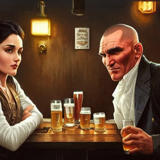 Image similar to vinnie jones and ghandi drinking beer in a pub, real life skin, intricate, elegant, highly detailed, artstation, concept art, smooth, sharp focus, art by artgerm and greg rutkowski and alphonse mucha