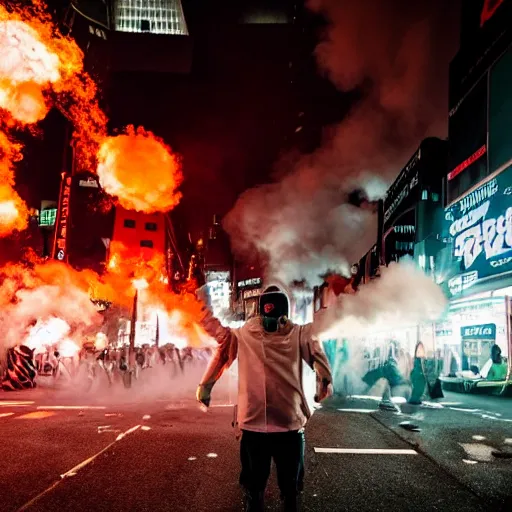 Prompt: marshmellow man in tokio, rampage , chaos in the streets, movie setup, pyro, 8k