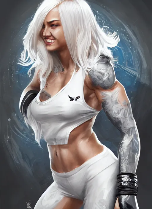 Image similar to a highly detailed illustration of fierce platinum blonde woman wearing mma gear, dramatic smile pose intricate, elegant, highly detailed, centered, digital painting, artstation, concept art, smooth, sharp focus, league of legends concept art, WLOP