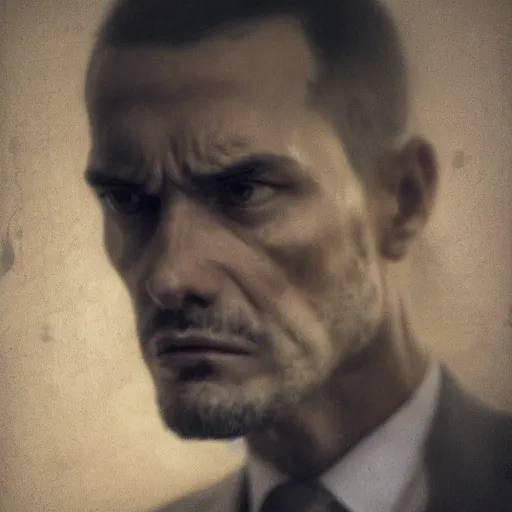 Prompt: Photo of a stern man in a beige peak lapel suit with a sad and melancholic look, grieving, chiaroscuro, facing the camera, closeup shot, cinematic promo material, by Guy Denning