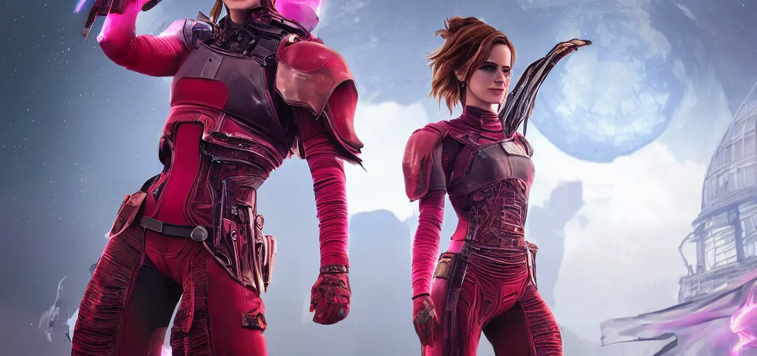 Image similar to character sheet concept art of emma watson as a superhero in destiny 2, opalescent red fabric, gypsy!!, face paint, colorful ferrofluid armor, realistic, hyperrealistic, photographic, costume, wlop, dan mumford, greg rutkowski, high detail, octane render, alexander mcqueen, james gurney, photo, 8 k