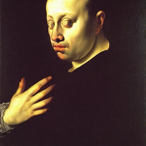 Image similar to Mannerism painting portrait of a scared man. Sadness, fear, and anxiety, by Agnolo Bronzino