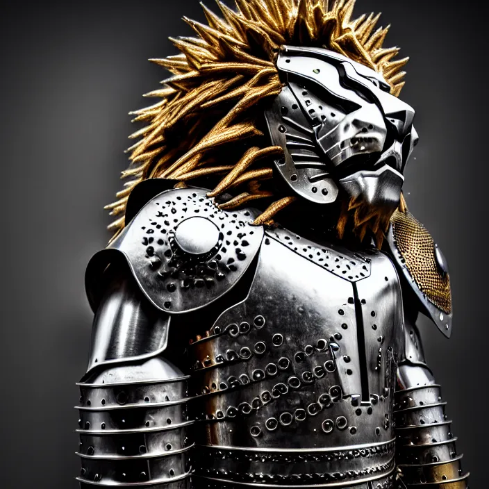 Image similar to photo of a warrior with metal lion themed armour, highly detailed, 4 k, hdr, smooth, sharp focus, high resolution, award - winning photo