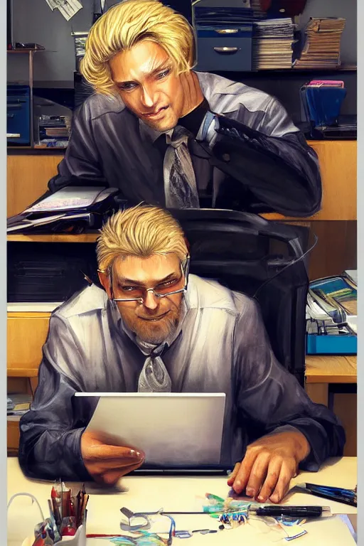 Prompt: painting of a middle aged austrian man with blonde hair sitting at his work desk with ten smartphones turned on, by artgerm and yoshitaka amano, trending on artstation