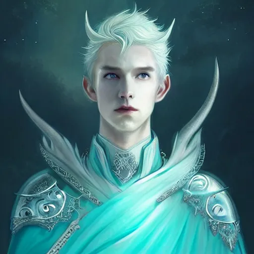 Image similar to a stunningly beautiful portrait of a handsome male snow elf in a turquoise cape and silver ornate armour as an archer, albino skin, pale pointed ears, ethereal opalescent mist, moonlight snow, perfect face, elegant, very coherent symmetrical artwork, atmospheric lighting, rule of thirds, by wenjun lin, krenz cushart, charlie bowater, trending on artstation