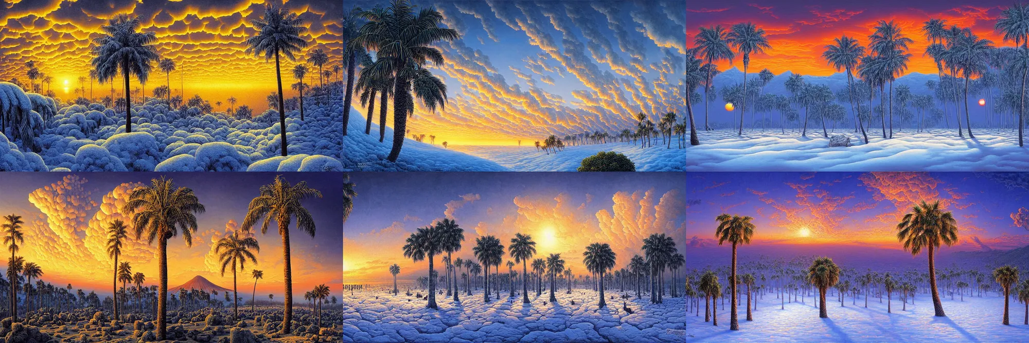 Prompt: stunning landscape of unique cloudy sunset, dead volcano, snowy palm trees, intricate details, digital art by rob gonsalves, oil on canvas by ivan shishkin