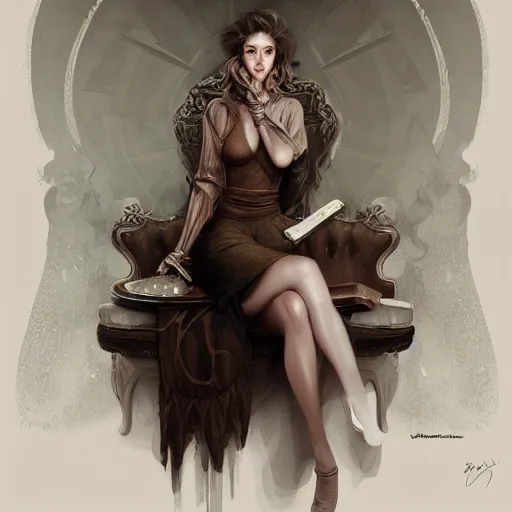 Prompt: an insanely detailed portrait of a beautiful woman facing you, highly detailed features, dark brown eyes, long eyelashes, she is biting her bottom lip and sitting on a large sofa, she holds a glass of wine, in the style of peter mohrbacher, artgerm, dramatic lighting and composition, octane render, trending on artstation, concept art 8 k