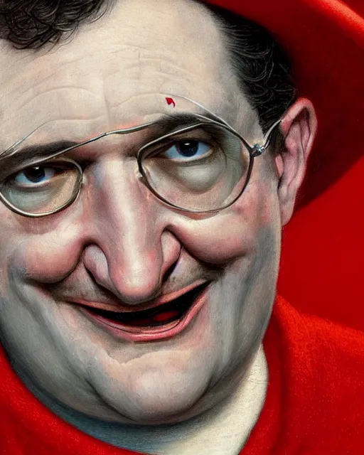 Prompt: closeup portrait of whimsical conniving ted cruz wearing a red baseball cap speaking at a convention, court jester in renaissance era, masterpiece, by donato giancola and greg rutkowski and wayne barlow and zdzisław beksinski, high contrast, realistic face