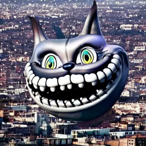 Image similar to gigantic chrome cheshire cat grin! floating over a modern city