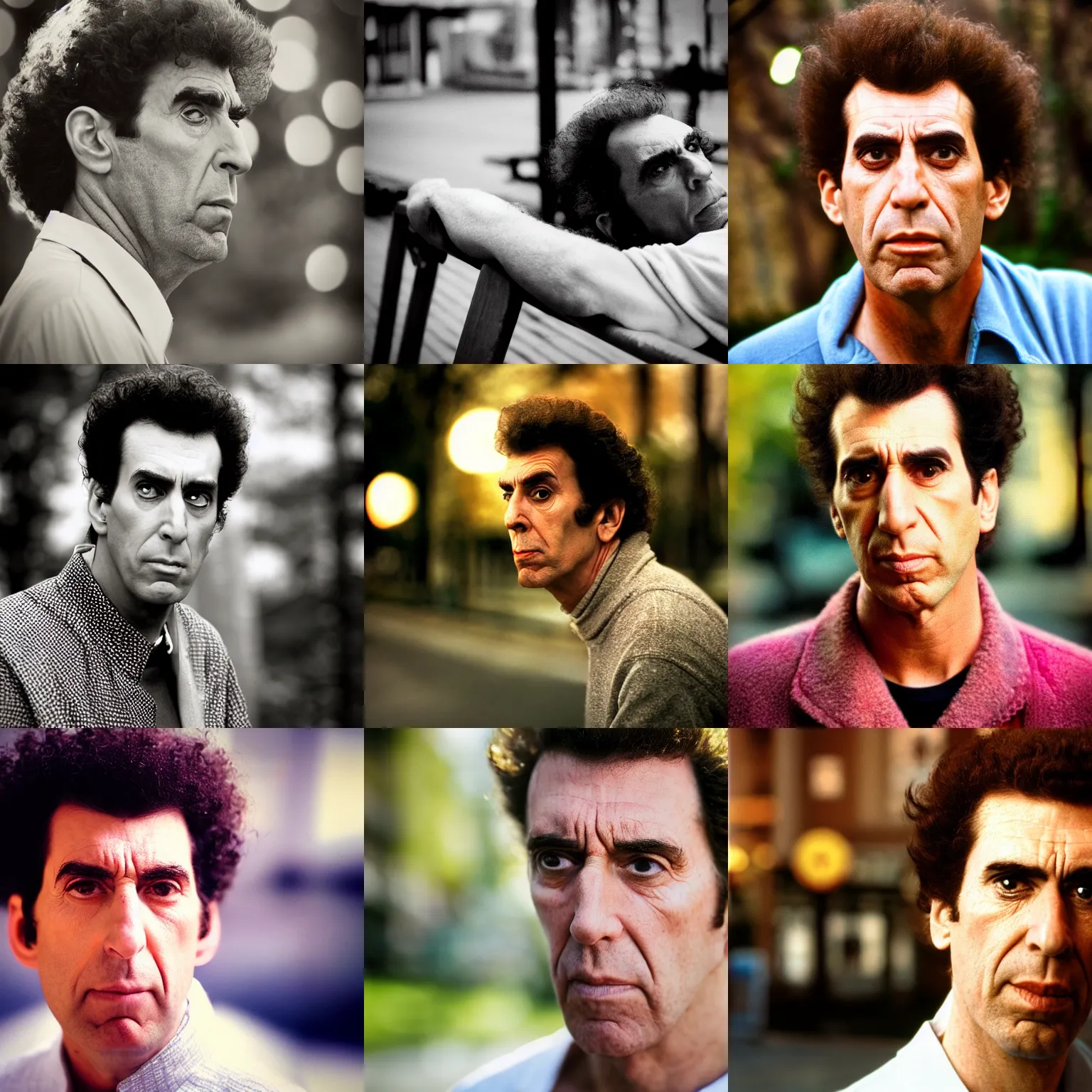 Prompt: portrait photograph, Cosmo Kramer, pensive, depth of field, bokeh