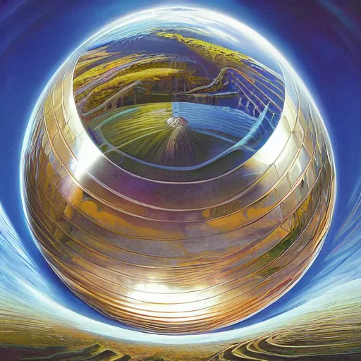 Image similar to A hyper-realistic low angle wide shot matte painting of an impossible floating sphere of water by Alex Grey and John Harris and Stephan Martiniere. Subject in view, symmetrical composition, f11