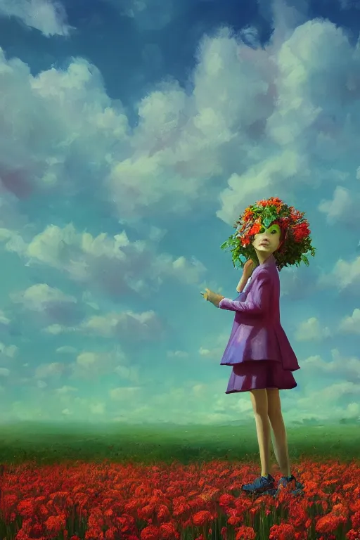 Image similar to closeup, giant flower head, girl in suit standing in a field of flowers, surreal photography, sunrise, blue sky, dramatic light, impressionist painting, digital painting, artstation, simon stalenhag