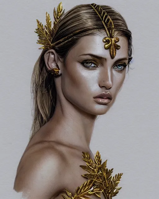 Image similar to front view of beautiful super model aphrodite greek goddess wearing a gold laurel wreath and triangle earrings, realism tattoo sketch, beautiful piercing eyes with sharp pupils, beautiful blonde hair, in the style of greg rutkowski, fantasy, amazing detail, epic, elegant, smooth, sharp focus