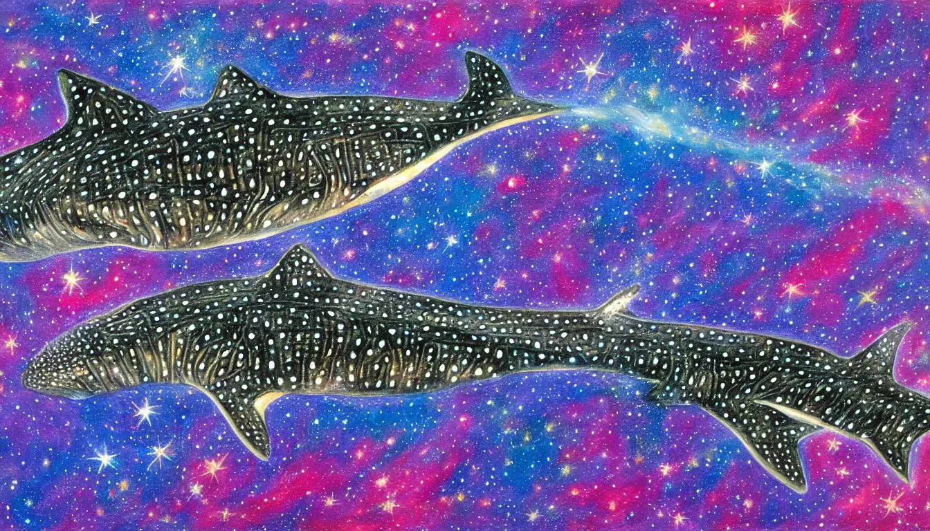 Prompt: oil painting of one whale shark flying in front of a colorful swirling galaxy, shimmering stars, milky way