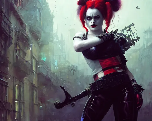 Image similar to highly detailed portrait of helena bonham carter as harley quinn, in batman : arkham knight, stephen bliss, unreal engine, fantasy art by greg rutkowski, loish, rhads, ferdinand knab, makoto shinkai and lois van baarle, ilya kuvshinov, rossdraws, tom bagshaw, global illumination, radiant light, detailed and intricate environment