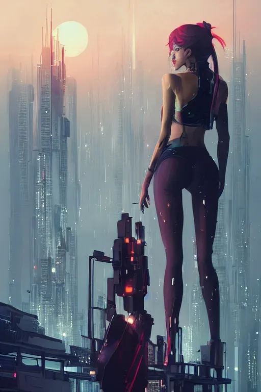 Image similar to a hitwoman is walking over water, sun set and skyscrappers of a cyberpunk city in the background, art by guweiz, dramatic lighting, highly detailed, incredible quality, trending on artstation