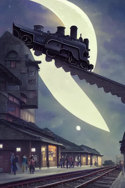 Image similar to a highly detailed matte painting of a steam train entering station under crescent moon and stars by studio ghibli, makoto shinkai, by artgerm, by wlop, by greg rutkowski, volumetric lighting, octane render, 4 k resolution, trending on artstation, masterpiece